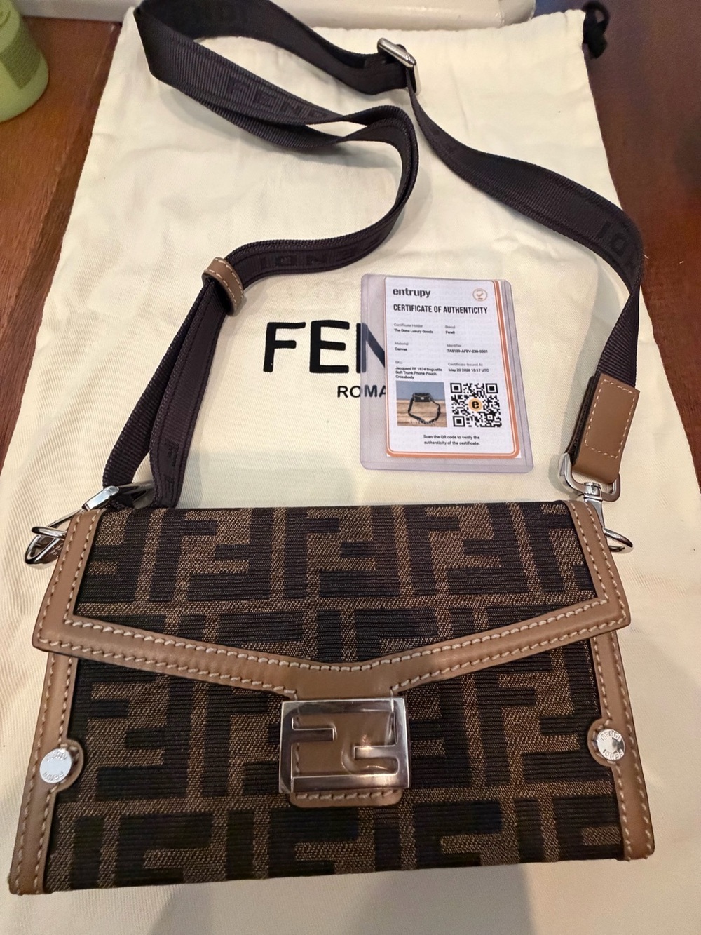 Fendi Brown Zucca Canvas Crossbody with Tan Leather Trim